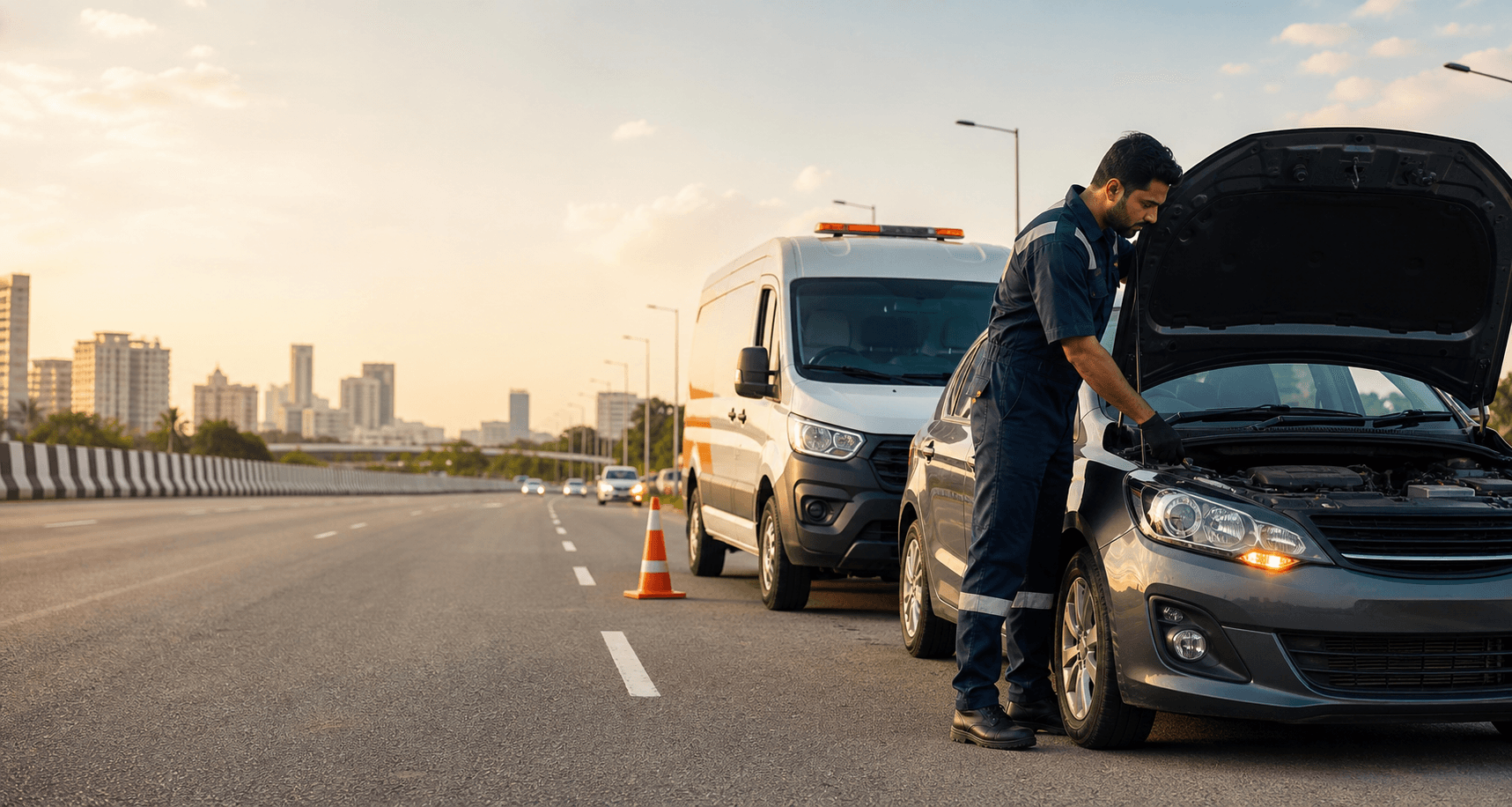 Roadside assistance technician helping a vehicle on the roadside